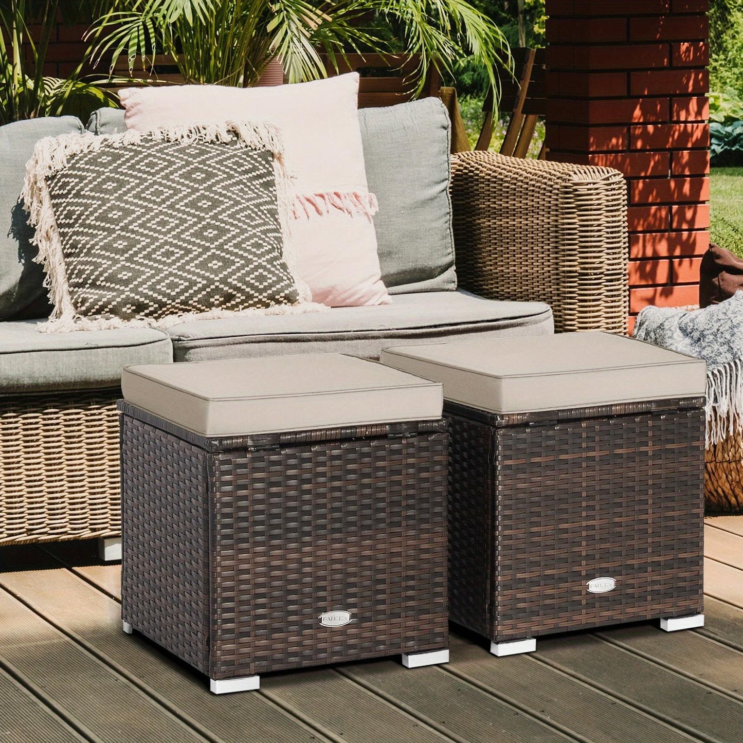 Two-Piece Outdoor Wicker Ottoman Set with Hidden Storage, Detachable Cushions and Six Color Options