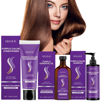 Three-Piece Purple Hair Care Set with Shampoo, Conditioner and Coordinated Argan Oil Bottle