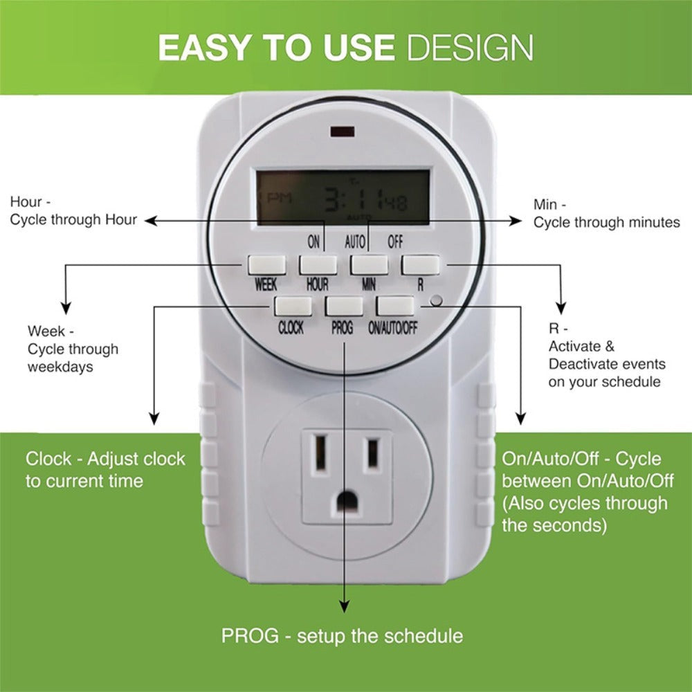 7-Day Heavy Duty Digital Programmable Timer with Dual Outlet - 24 Hour Indoor Electric Timer for Hydroponics, Lamp, Light, Fan, 120V 60Hz, Two Outlet Weekly Scheduling Timer Switch