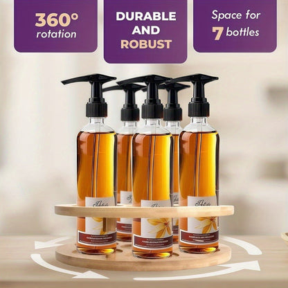 360 Rotating Bamboo Coffee Syrup Organizer 7-Bottle Holder Rack – Countertop Spice Condiment Storage Stand for Kitchen Bar Home Office Desktop Easy Assembly Scratch-Proof Base