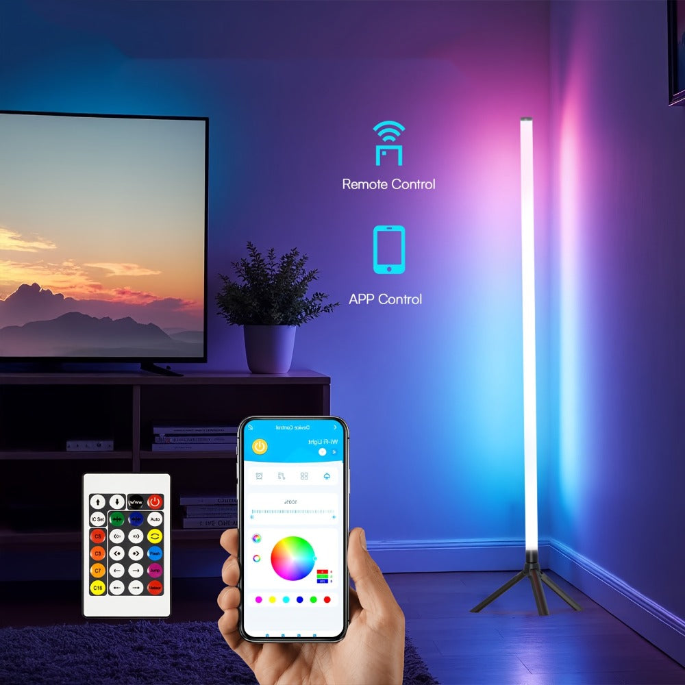 RGB Tube Floor Lamp 360° with Stand – App & 24-Key Remote Music Sync 16 Million Colors Dimmable Timer Mood Light for Bedroom Gaming Room DJ Studio Dance Club Party – 1/2 Pack