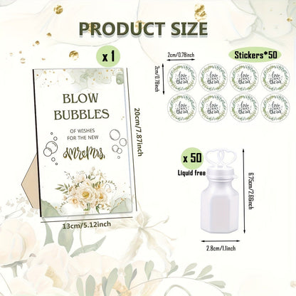 Party Favors Empty Mini Bubble Bottles, 50-Piece Set with Wooden Sign and 50 Matching Stickers