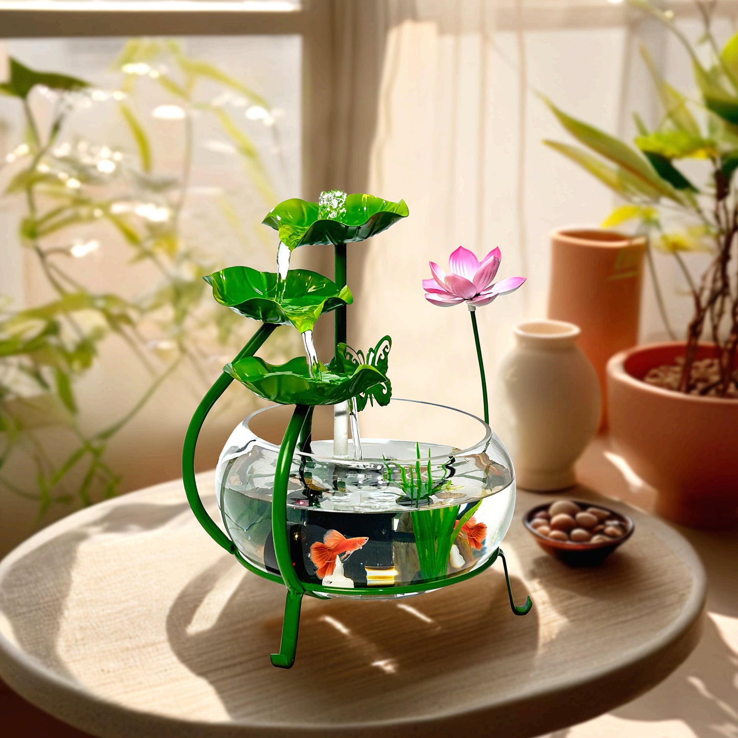 USB Desktop Water Fountain with Zen Waterfall Design, Natural Rocks and Green Finish for Home or Office