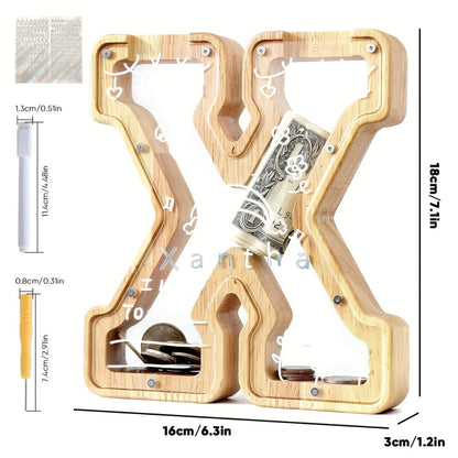 Alphabet Wooden Money Bank with Clear Front Panel, Coin Slot and A-to-Z Letter Options for Adults
