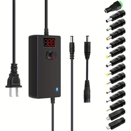 Adjustable AC DC Power Adapter 24W 3-12V 2A Universal Power Supply 100-240V with LED Voltage Display 14 Tips Polarity Converter for Small Home Electronics