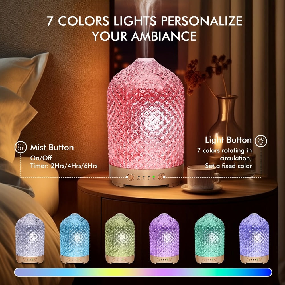 200ml Essential Oil Diffuser with Textured Glass-Style Cover, Seven-Color Light and 2H, 4H or 6H Timer