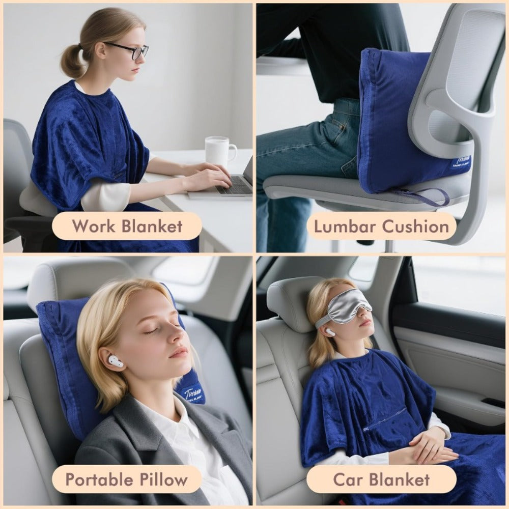 Royal Blue 4-in-1 Travel Blanket with Zipper Bag, Poncho, Pillow and Lumbar Support Format, 40 x 60 Inches