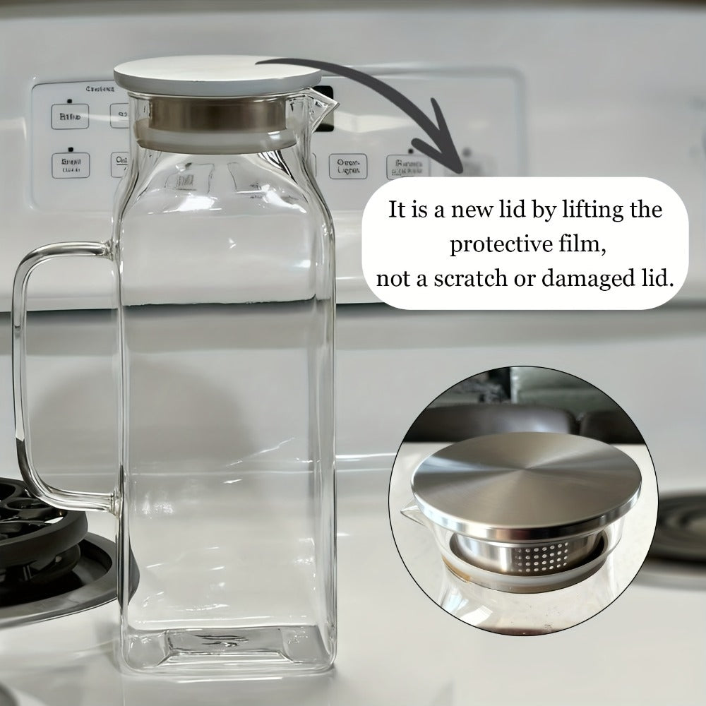 Glass Pitcher with Lid & Handle 2L 68oz, Square Borosilicate Water Jug, Heat Resistant Carafe for Fridge