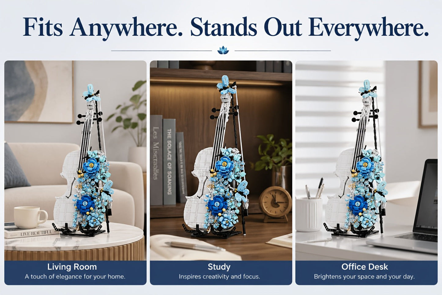 1419-Piece Flower Violin Building Block Model with Brick-Built Stand, Blue Blooms and Panel Detail