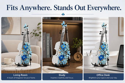 1419-Piece Flower Violin Building Block Model with Brick-Built Stand, Blue Blooms and Panel Detail