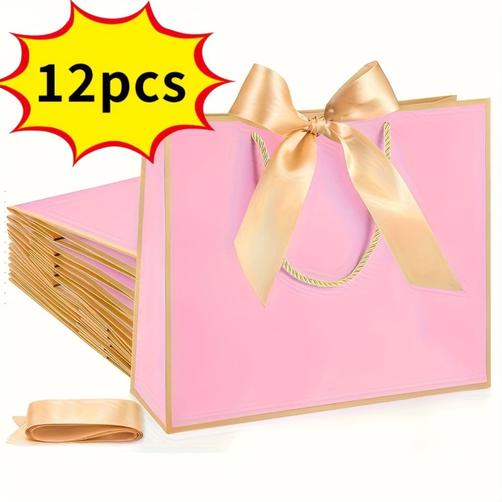 Gift Bag Set Pull-Handle Ribbon Design, 12, 24 or 36 Bags in Five Colorways with 11.8 x 10 x 4 Inch Format