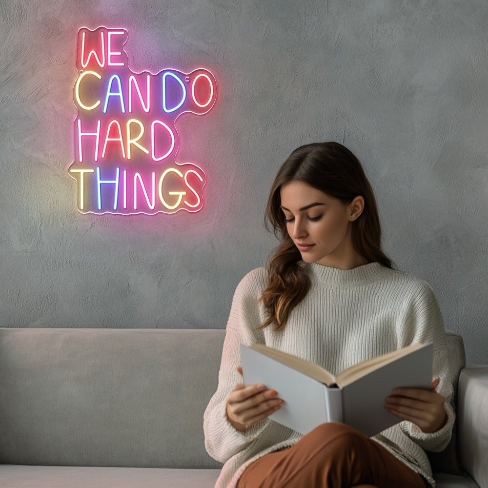 Neon Sign We Can Do Hard Things – Dimmable LED Wall Art, USB Powered, Vibrant Colors, Inspirational Bedroom Decor for Classroom Birthday Party Aesthetic Backdrop, 13.3x10.6 In