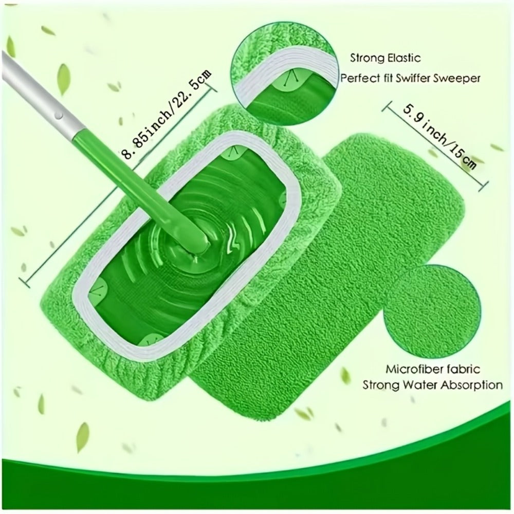 Fifteen-Piece Green Microfiber Mop Pad Set with Reusable Stretch-Cover Design for Flat Mop Heads