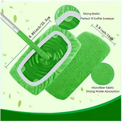 Fifteen-Piece Green Microfiber Mop Pad Set with Reusable Stretch-Cover Design for Flat Mop Heads