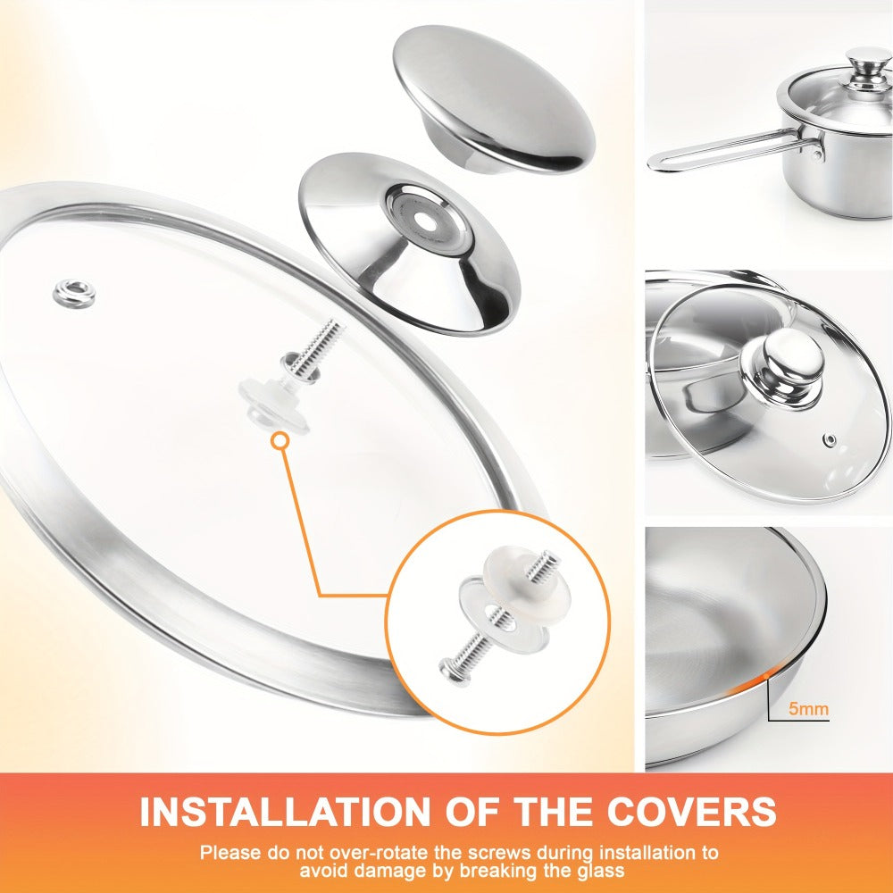 Stainless Steel Cookware Set with 10 Pieces, Three Frying Pans, Three Saucepans and Four Glass Lids