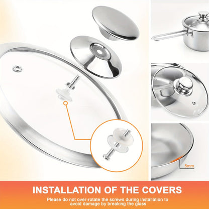 Stainless Steel Cookware Set with 10 Pieces, Three Frying Pans, Three Saucepans and Four Glass Lids