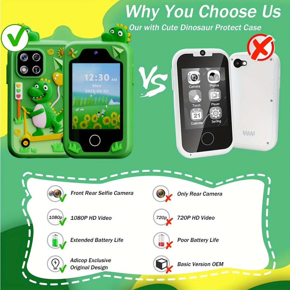 Kids Dinosaur Toy Phone with 8GB, HD Touchscreen & Dual Camera – Educational Travel Toy Cell Phone for Boys & Girls, Birthday Halloween Christmas Gift