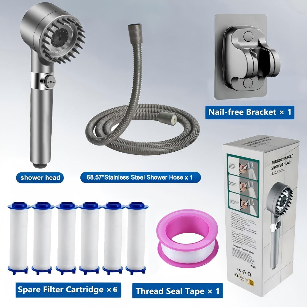 Four-Piece High-Pressure Wall-Mount Shower Head Set with Turbine Spray, Six Filters and 68-Inch Hose