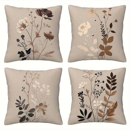 Neutral Botanical Throw Pillow Covers, Four-Piece 18 x 18-Inch Set with Beige, Brown and Gray Floral Prints
