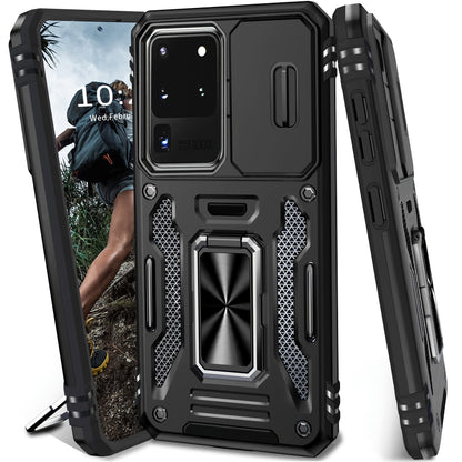 Samsung Galaxy Shockproof Magnetic Phone Case with 360° Rotating Ring Bracket & Sliding Lens Protector – Heavy Duty Cover for S24FE S23FE S22 S21FE Ultra A55 A54 A35 A34 A25 A24 A16 A15 A14 A06 A05 A05S 5G