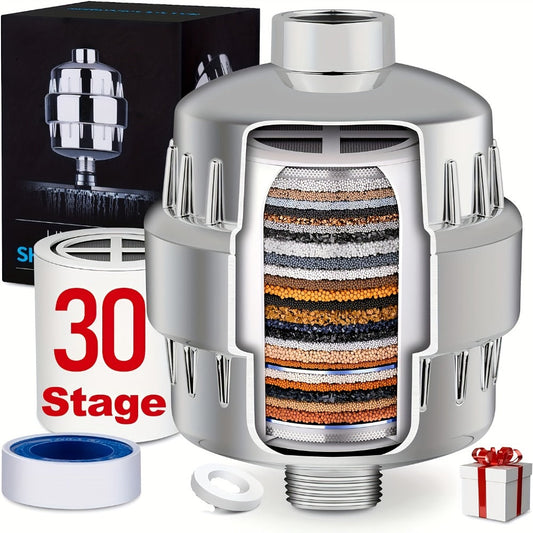 Shower Head Filter 30-Stage – Chlorine Removal Hard Water Softener Clog Prevention Bathroom Showerhead Filter Silver Black