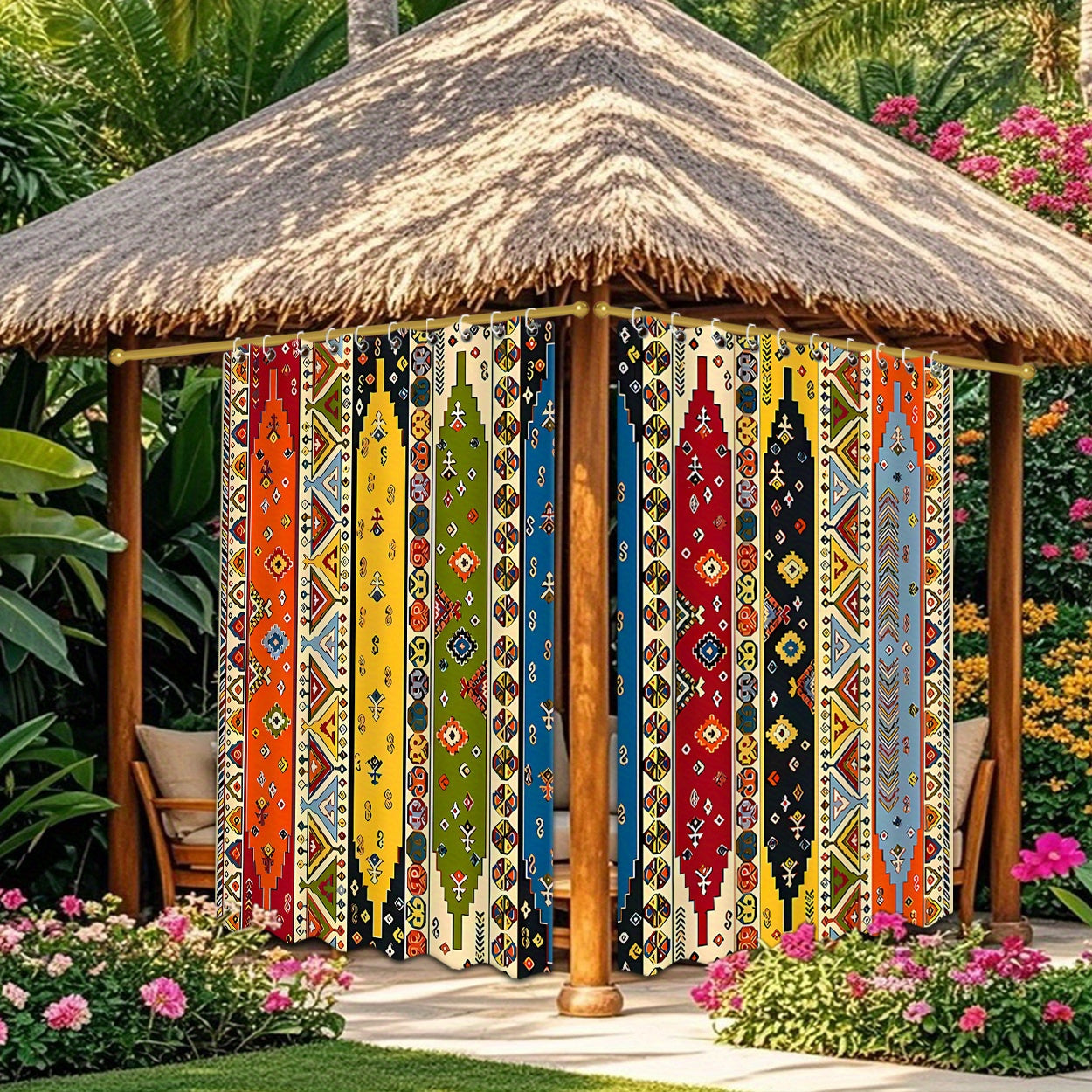 Boho Pattern Outdoor Curtain Pair in 180 cm Width with 180, 213 or 243 cm Length Options for Patio Use