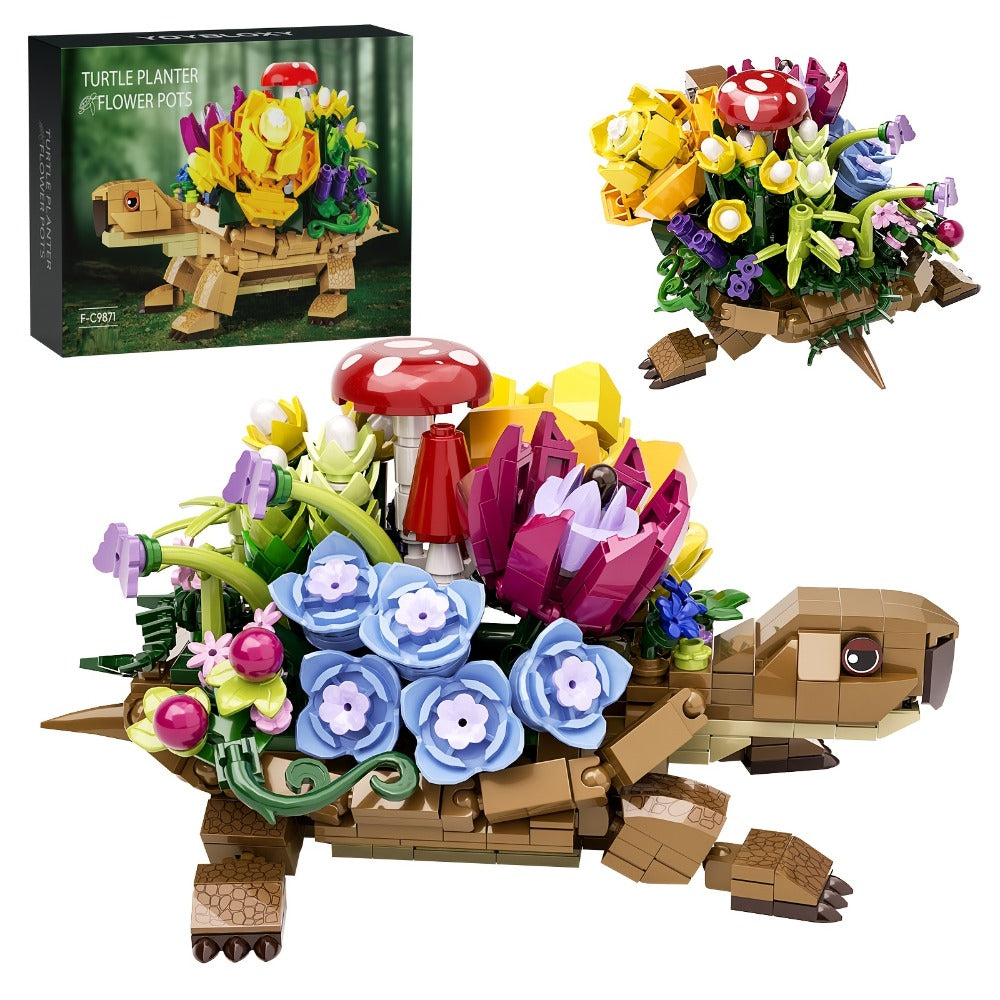 Turtle Flower Planter Building Block Set with 510 Pieces and 7.2-Inch Display Base for Adult Desk and Shelf Decor