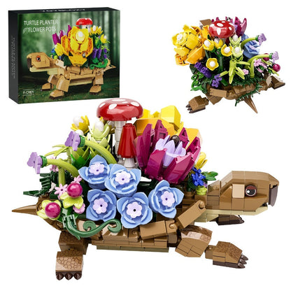 Turtle Flower Planter Building Block Set with 510 Pieces and 7.2-Inch Display Base for Adult Desk and Shelf Decor
