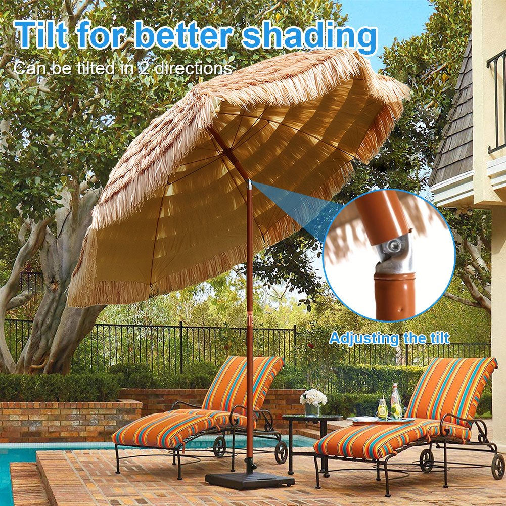 Patio Umbrella 7.5FT Thatch-Style Tiki Design with Steel Pole, Iron Frame, Push Tilt and UV Shade