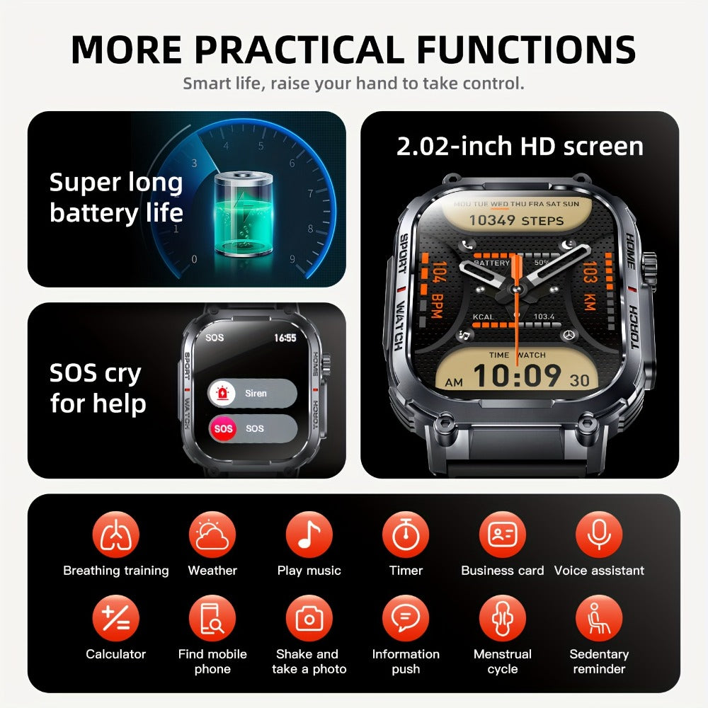 Smartwatch for Men 2.02 Inch with LED Flashlight, Wireless Calling and Activity Tracking for Outdoor Use
