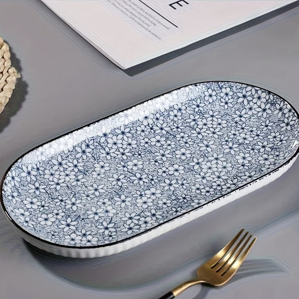 Four-Piece 12 Inch Blue and White Porcelain Fish Plate Set for Serving, Steaming and Oven Baking