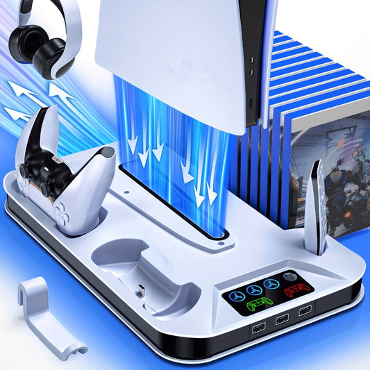 PS5 Cooling Station with USB Hub & Dual Controller Charging Dock for PS5/Slim/Pro, PlayStation 5 Stand Cooler with 3 USB Hubs, Headset Holder, Cooling Fan, Fits Disc & Digital Edition