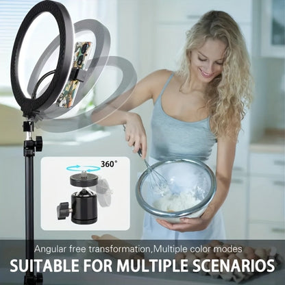10- or 12-Inch USB Ring Light with Retractable Floor Tripod, Center Phone Holder and Lighting Options