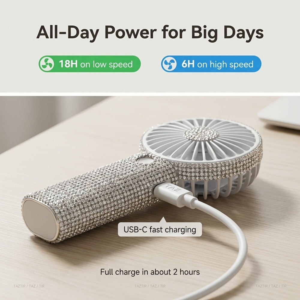 Elegant Silvery Rhinestone Mini Handheld Fan with Type-C Charging, Round Grille and Decorated Handle