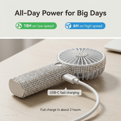 Elegant Silvery Rhinestone Mini Handheld Fan with Type-C Charging, Round Grille and Decorated Handle