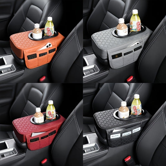 Car Center Console Cover PU Leather – Universal Armrest Box Mat with 2 Cup Holders & 2 Side Pockets, Phone & Card Storage, Fits Most Car Models, Optional Tissue Box