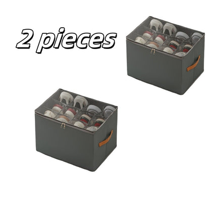 Oxford Fabric Shoe Storage Organizers with Adjustable Dividers and Clear Lids in Two- or Four-Piece Packs