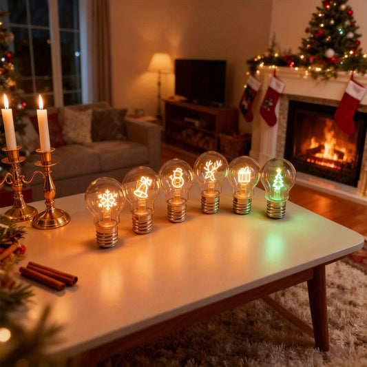 Christmas LED Decorative Bulb Type-C Rechargeable A19 Novelty Night Light – Warm White Holiday Shape Bulbs for Indoor Table Window Decor, Bell Elk Snowman Snowflake Christmas Tree Gift Style