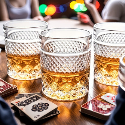 Single Embossed Whiskey Tumbler with Square Rim, Diamond-Cut Pattern and Thick Clear Base for Home Bar Service