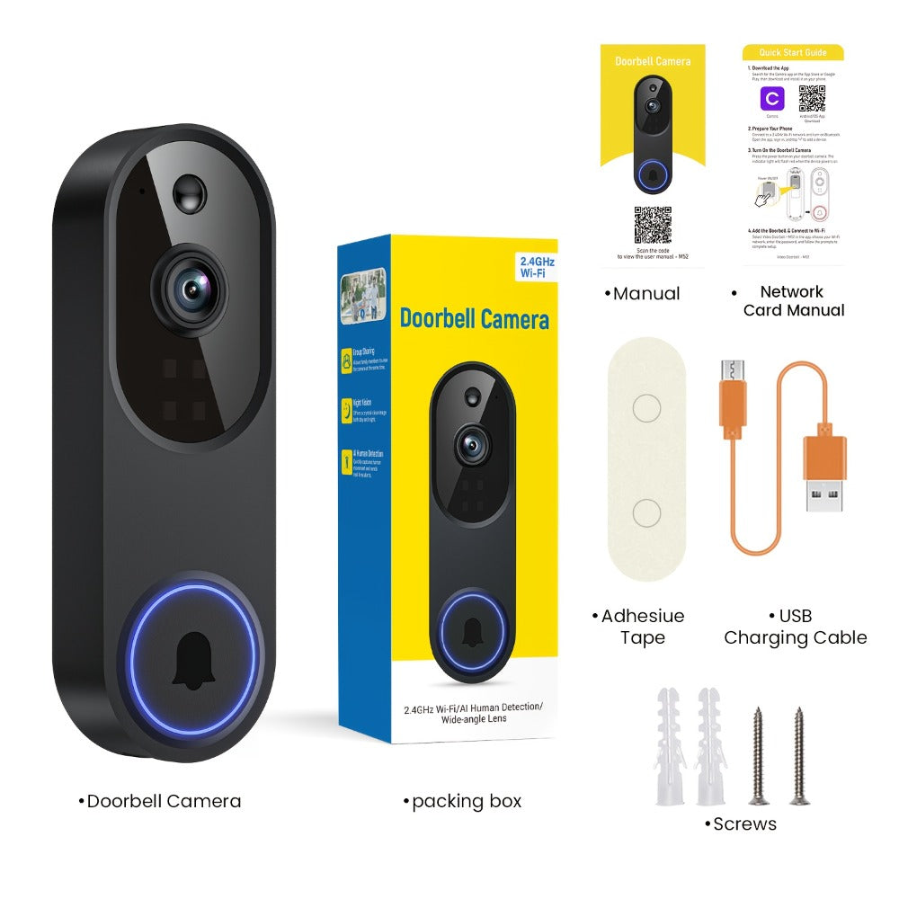 166° Ultra Wide Angle Smart Doorbell Camera 2K HD Wireless WiFi, AI Human Detection, Two-Way Audio