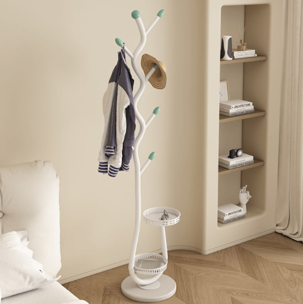 Freestanding Coat Tree with Branching Hooks, Circular Lower Shelf and White, Black or Golden Finish