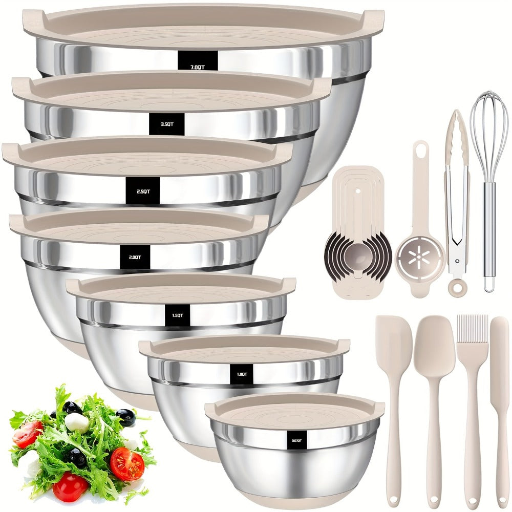 Seven-Bowl Nesting Mixing Set with Lids, Kitchen Tools and Multicolored, Black, Gray or Khaki Options