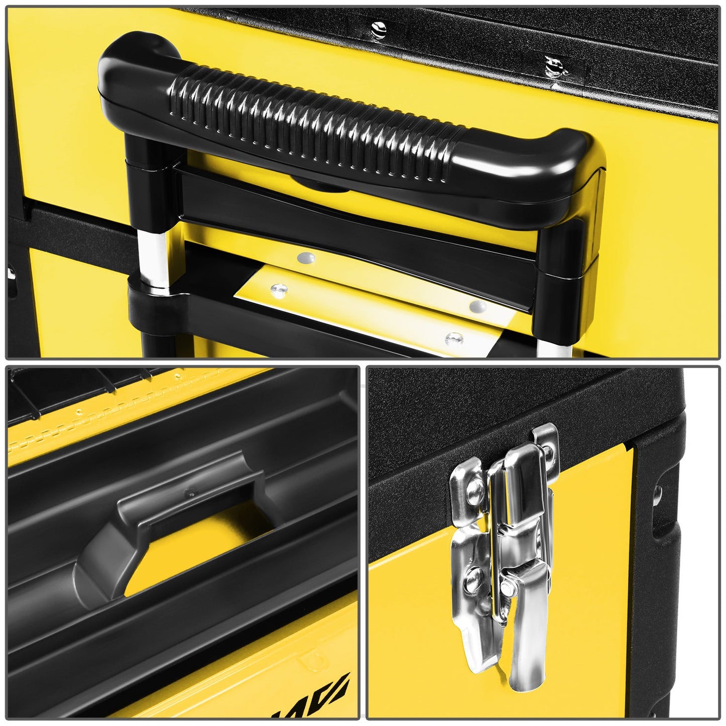 Rolling Tool Box 3-Tier Stackable Portable Toolbox with Wheels 19.5x12x28.5 Inch Steel PP 3-in-1 Detachable Compartments Metal Latches Extendable Handle for Home Workshop Garage Job Site
