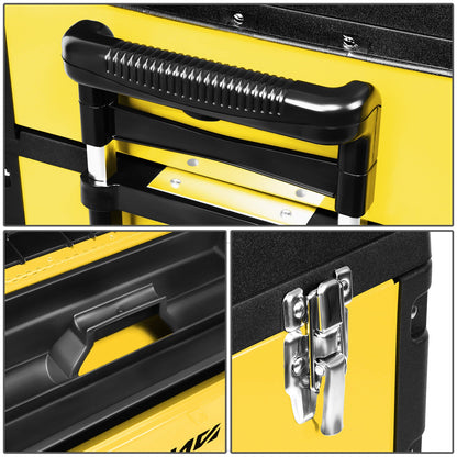 Rolling Tool Box 3-Tier Stackable Portable Toolbox with Wheels 19.5x12x28.5 Inch Steel PP 3-in-1 Detachable Compartments Metal Latches Extendable Handle for Home Workshop Garage Job Site