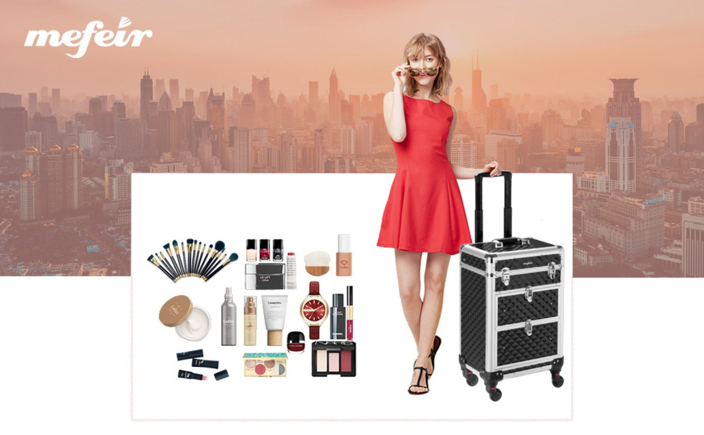 Black Rolling Makeup Train Case with Four Wheels, Telescoping Handle, Three Top Trays and Two Drawers