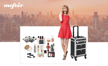 Black Rolling Makeup Train Case with Four Wheels, Telescoping Handle, Three Top Trays and Two Drawers