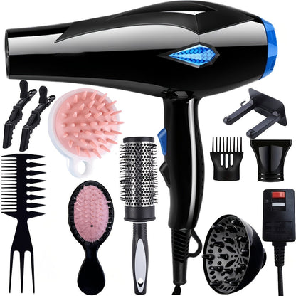 Brushless Motor Hair Dryer Set with Accessories - Professional Blow Dryer Kit Concentrator Nozzle Comb Clips 2 Modes 3 Speeds Ionic Anti-Frizz Home Salon Travel Black White Blue Green