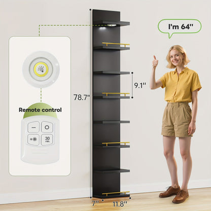 Floating Wall Shelves with LED Light - 6 & 8 Tier Wall Mounted Display Shelf Unit with Anti-Slip Rails for Bedroom, Living Room, Bathroom, Office & Dorm - Modern Space Saving Shelf (Black / White)