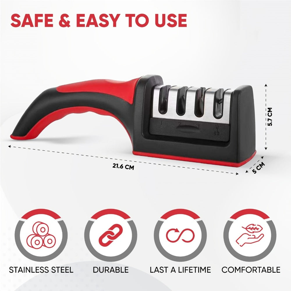 Four-Stage Manual Knife and Scissors Sharpener with Red Handle and Removable Sharpening Head
