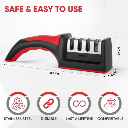 Four-Stage Manual Knife and Scissors Sharpener with Red Handle and Removable Sharpening Head